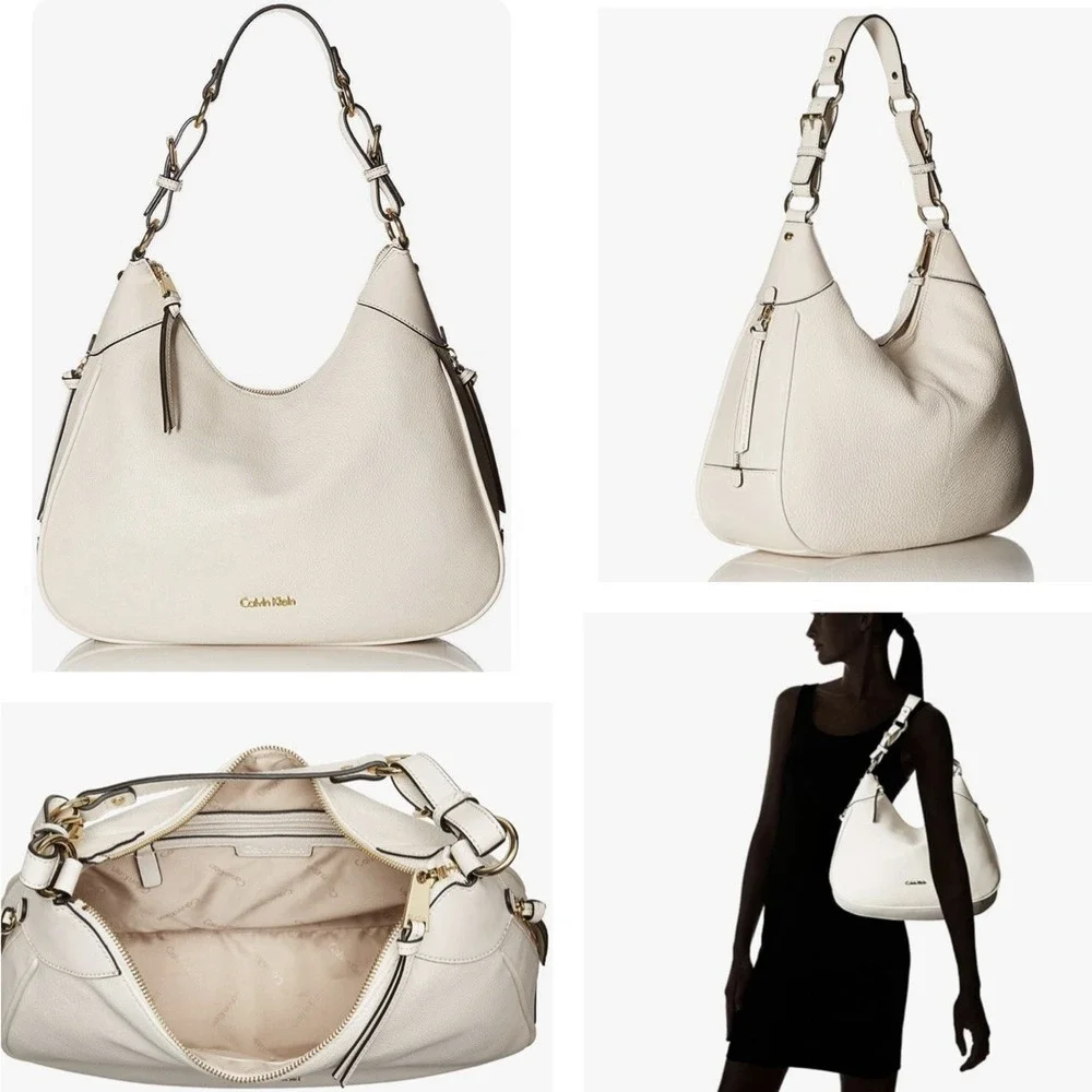 Calvin Klein Ivory Bone White‎ Hobo Pebbled Leather Adj Strap Shoulder Bag Purse